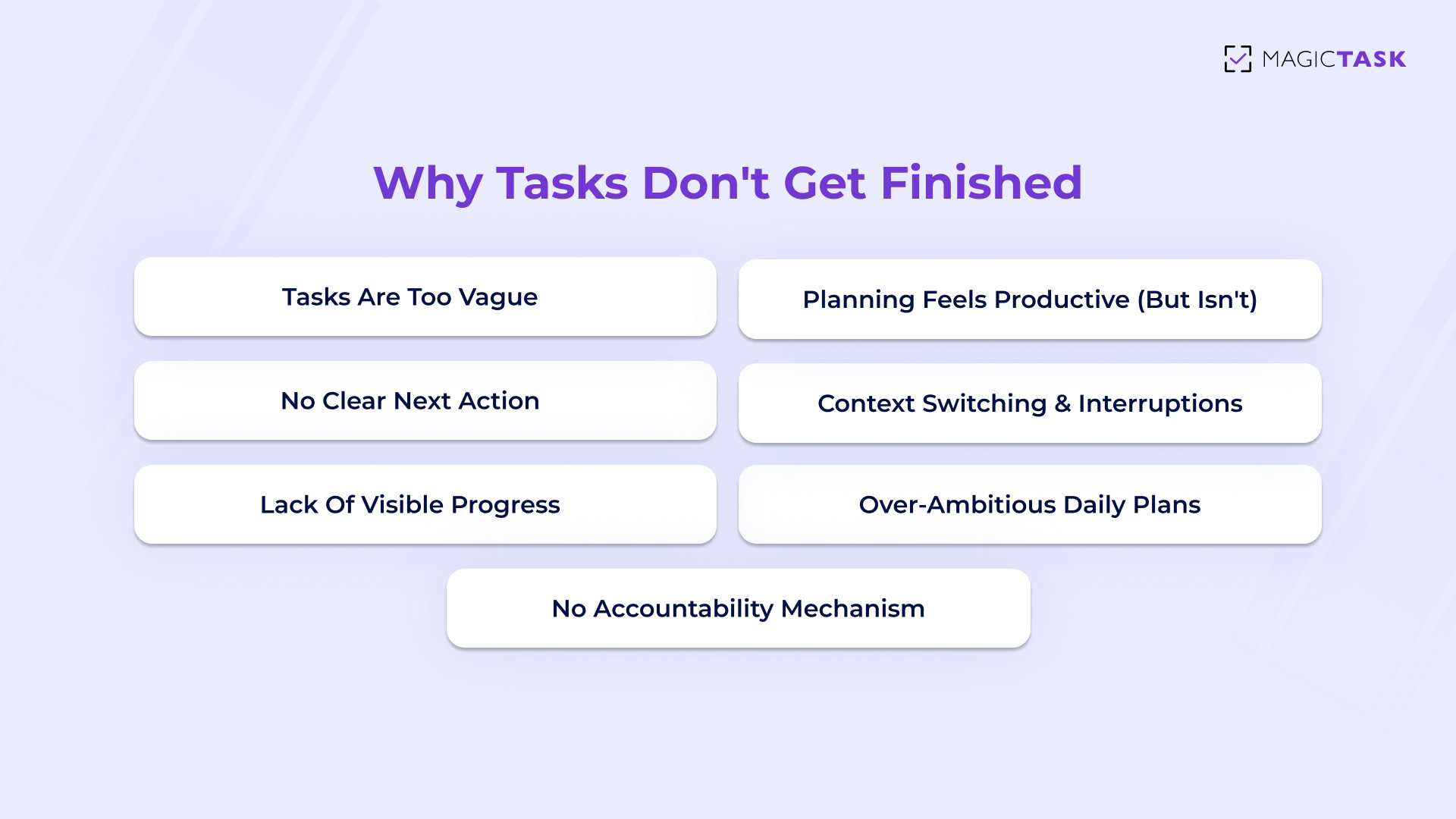 Illustration showing common reasons tasks don’t get finished, including vague tasks, lack of clear next action, interruptions, lack of progress, over-ambitious plans, and no accountability.